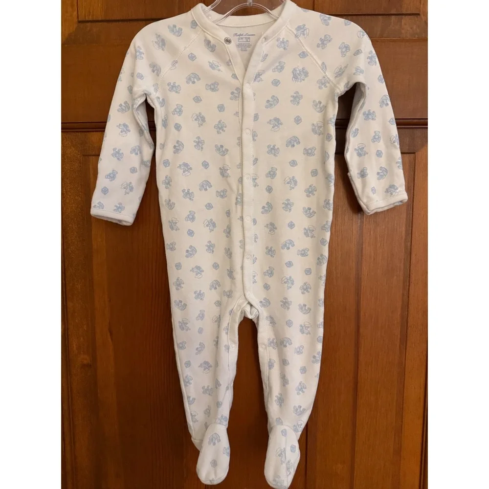 Ralph Lauren Baby Boy Footed Coverall 6-9 Month White/Blue Cotton Infant Nursery